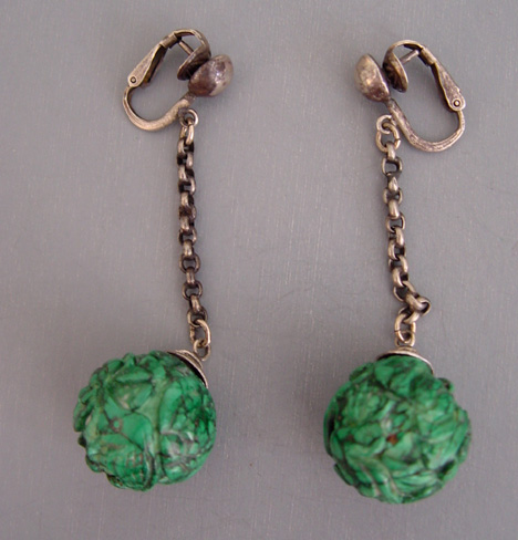 MALACHITE and sterling dangle carved ball clip back earrings