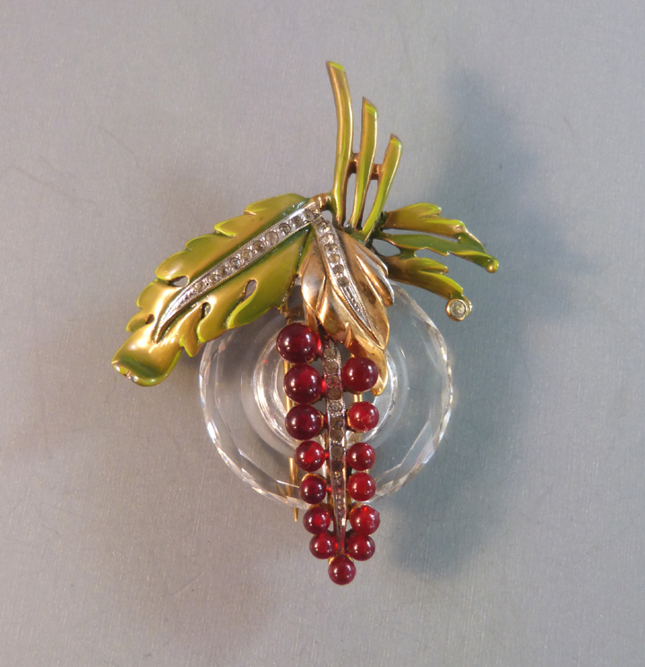 DUJAY attributed glass circle fur clip red bead berries