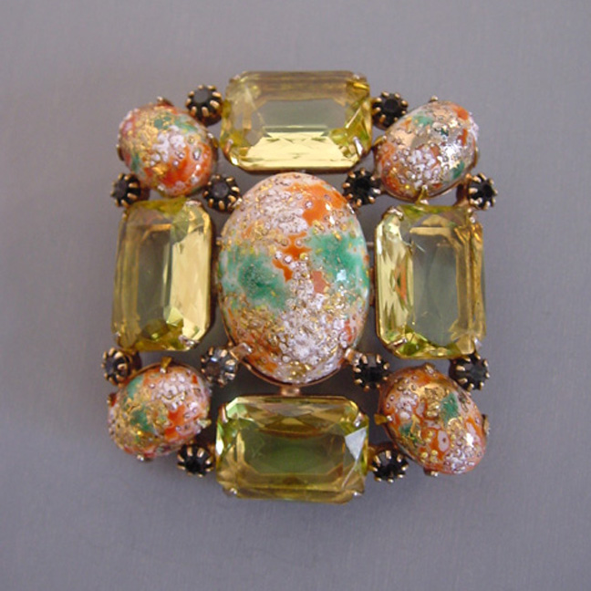 ORANGE art glass or “Easter Egg” cabochons brooch
