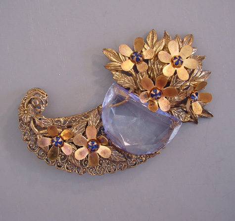 LAVENDER blue rhinestone cornucopia brooch