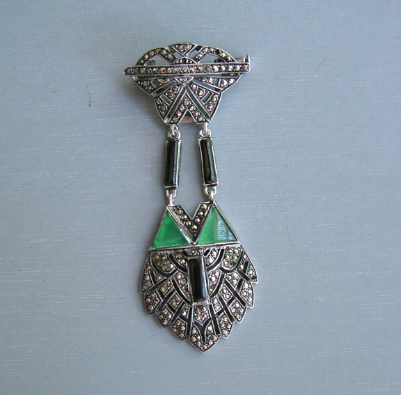 FRENCH DECO silver, green glass, onyx and marcasite