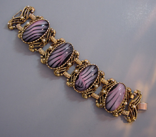 PURPLE lavender striped glass cabochons bracelet