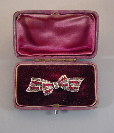 PASTE Deco 1920s unfoiled red pastes, marcasites silver bow pin
