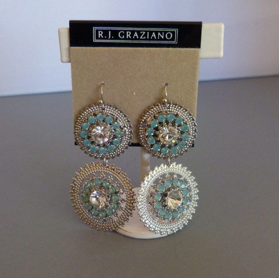 RJ GRAZIANO earrings in shimmering silver tone, aqua accents