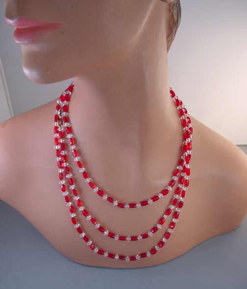 RED glass and faceted clear beads necklace