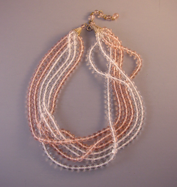 PINK and clear transparent glass beads 6-strand necklace