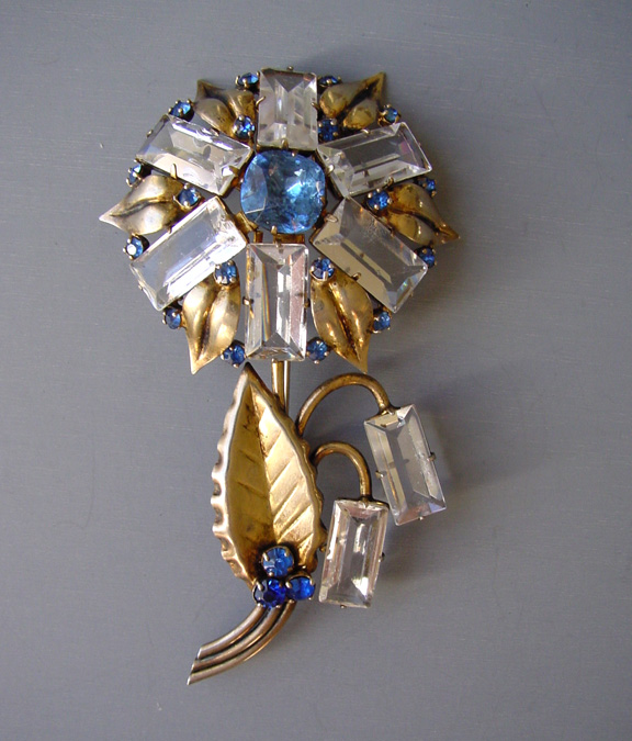 STERLING brooch with blue and clear rhinestones flower & leaves