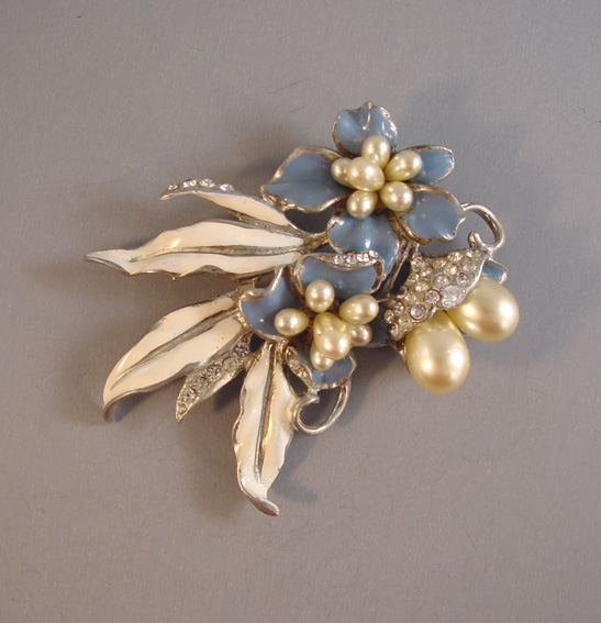 BLUE and white enameled flowers and leaves brooch