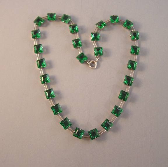 DECO sterling and green unfoiled rhinestone paste necklace