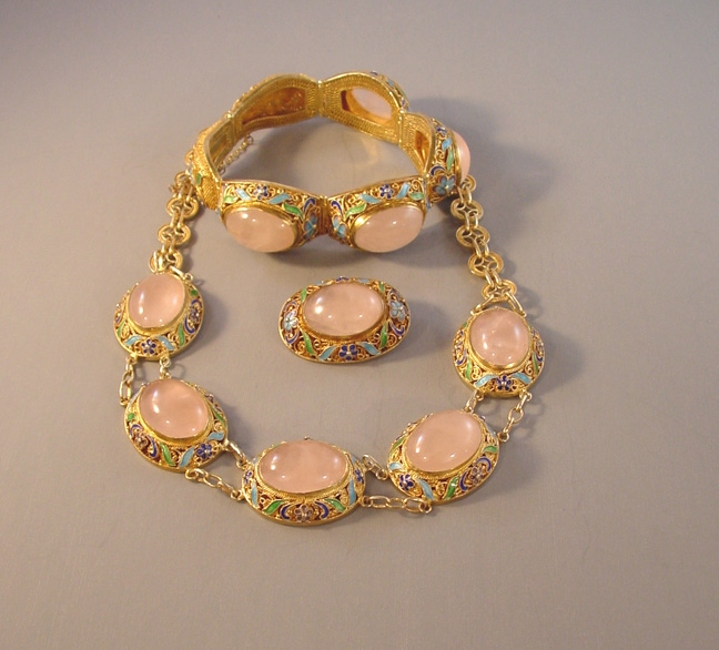 CHINESE gilt sterling filigree parure with rose pink quartz cabochons, necklace, bracelet and brooch