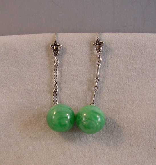 DECO jade green glass ball and marcasite earrings