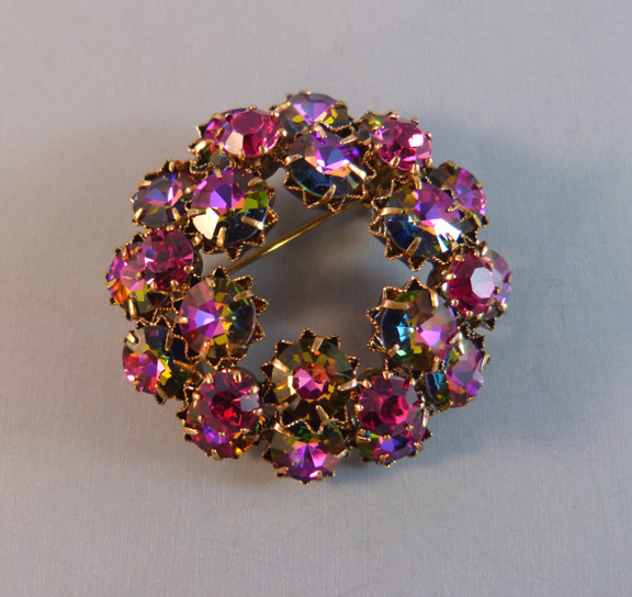 ROSE brilliant flashing rose, purple & green brooch