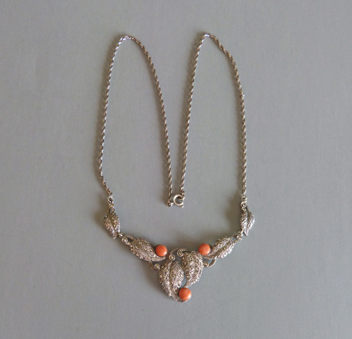 GERMAN silver and marcasite leaves and coral berries necklace
