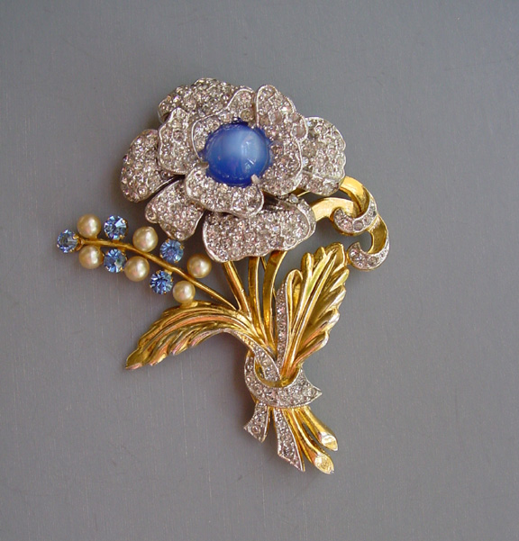 BLUE moonglow cabochon centered flower brooch
