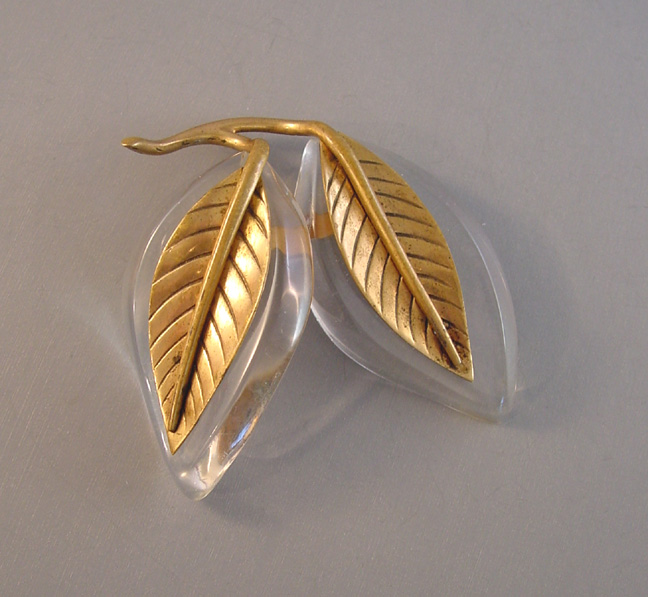 FRENCH rare Lucite jelly belly type double leaf brooch