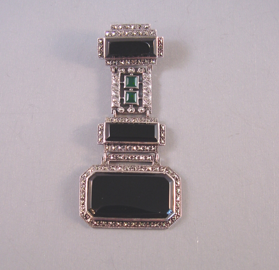 ART DECO style sterling black onyx, green and marcasite brooch