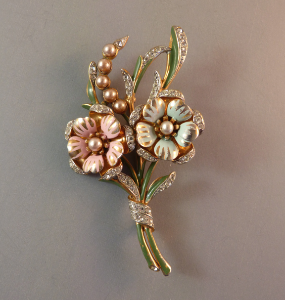 FLOWER bouquet brooch with pink and blue enameled flowers