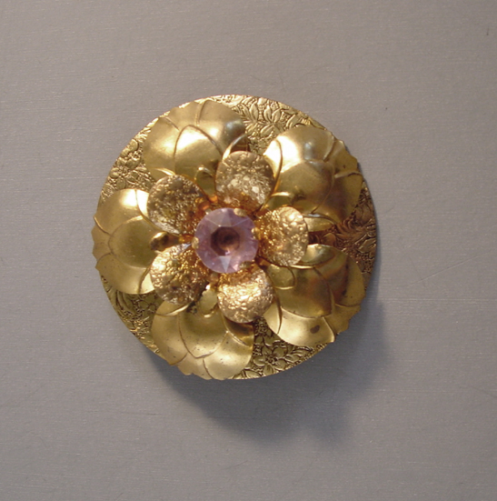 GOLD tone textured round lavender rhinestone flower brooch