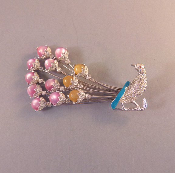 PEACOCK brooch with pastel pink & yellow cabochons