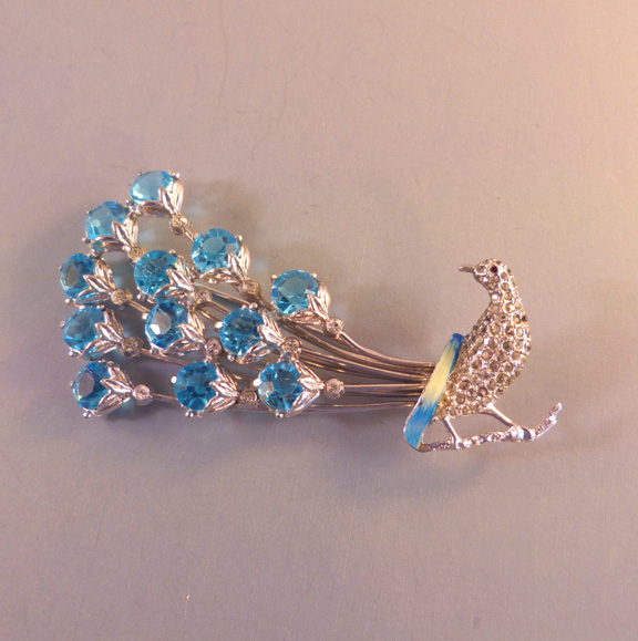 PEACOCK brooch with aqua & clear rhinestones