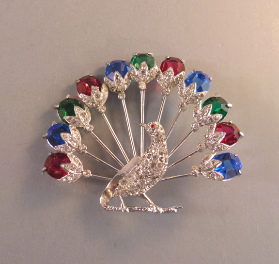 PEACOCK rhinestone peacock brooch with red, blue and green