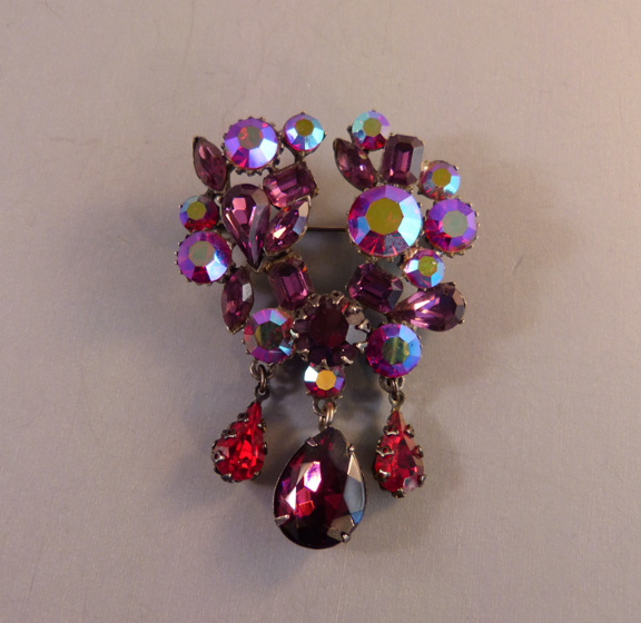 PURPLE and red rhinestones and aurora borealis brooch