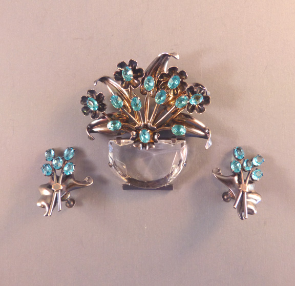 BASKET sterling brooch and earrings in aqua & clear