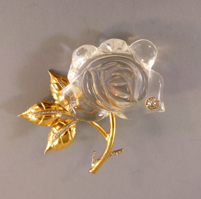 JELLY BELLY rose brooch clear rhinestone dew drop