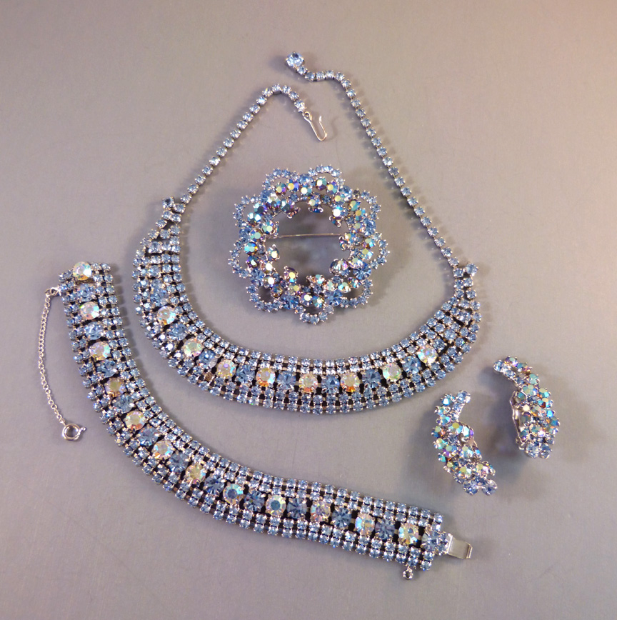 BLUE aurora borealis set necklace, bracelet, brooch, earrings