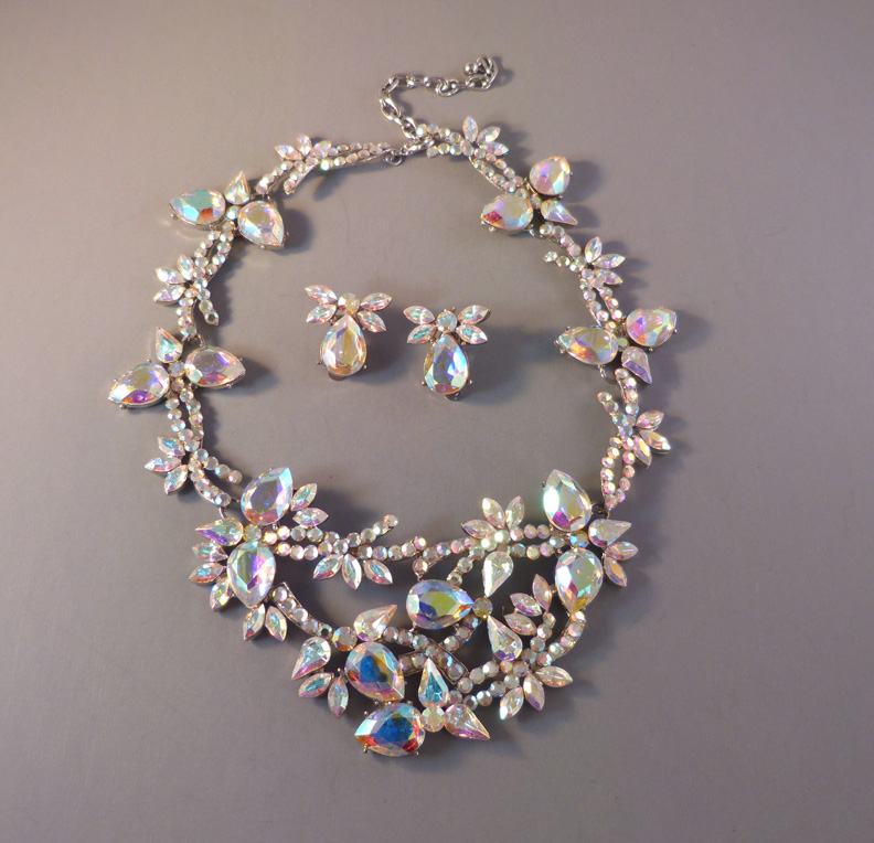 AURORA BOREALIS brilliant rhinestone bib necklace and earrings