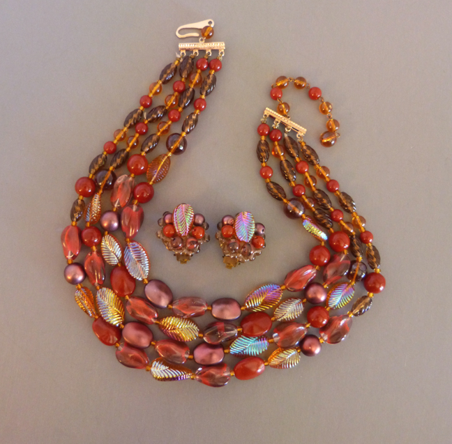 GERMAN four-stand necklace & earrings iridescent pink & brown