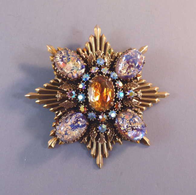 CAT’S EYE brooch of art glass cabochons Maltese cross