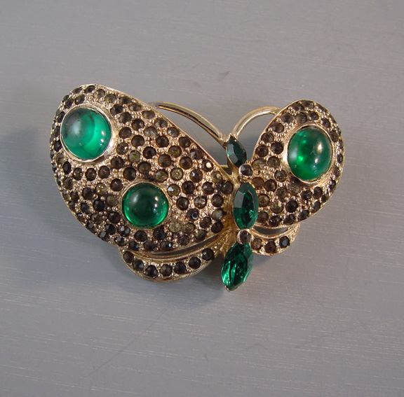 BUTTERFLY pin charcoal rhinestones & green cabochons