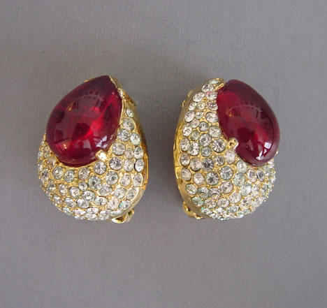 LES BERNARD red glass brilliant cabochons earrings with clear rhinestones