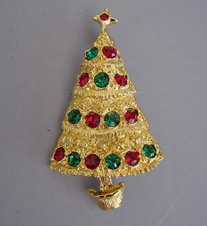CHRISTMAS tree brooch with colored rhinestones