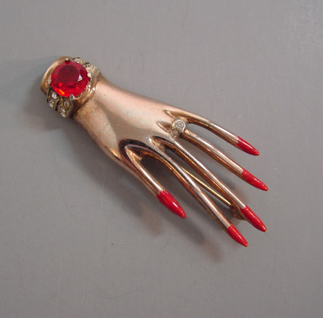 STERLING vermeil hand brooch red & clear rhinestone bracelet