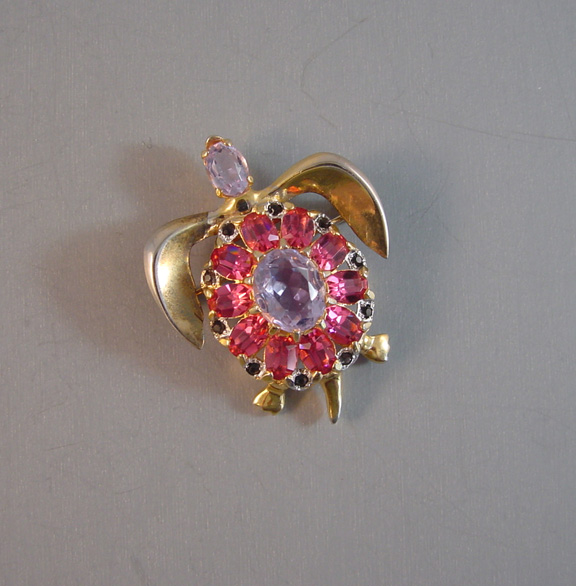 TURTLE pin with pink, pale blue rhinestones