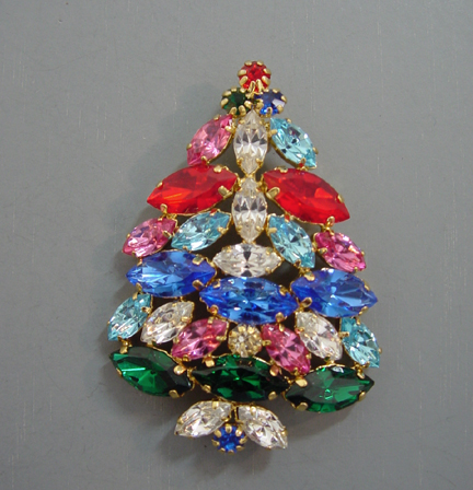 CHRISTMAS tree brooch with red, blue, green