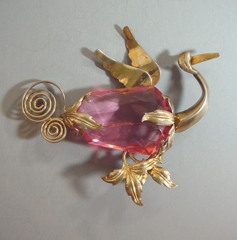 PINK bird brooch with large faceted belly