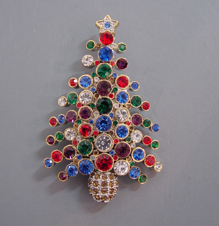 CHRISTMAS tree brooch with green, red, blue, brown