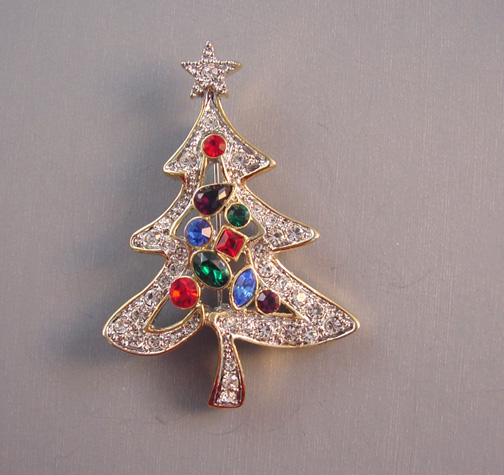 CHRISTMAS tree brooch, clear rhinestone edges