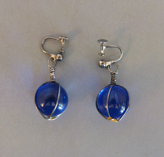 BLUE glass caged orbs earrings with sterling findings