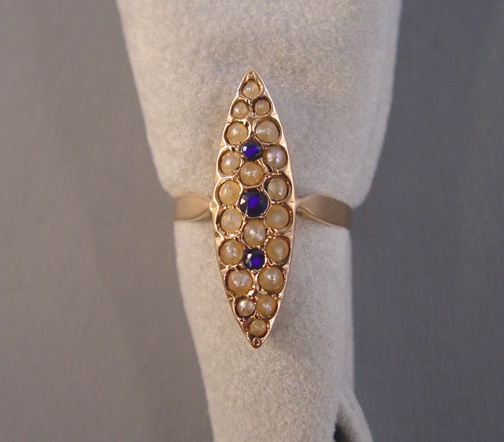 VICTORIAN 15 karat yellow gold ring with pearls and blue pastes