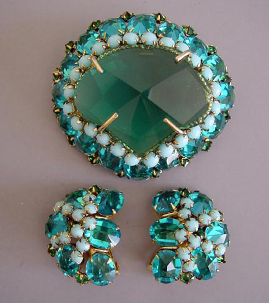 SCHREINER aqua & green rhinestones brooch & earrings