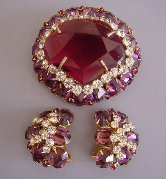 SCHREINER purple & clear brooch & earrings
