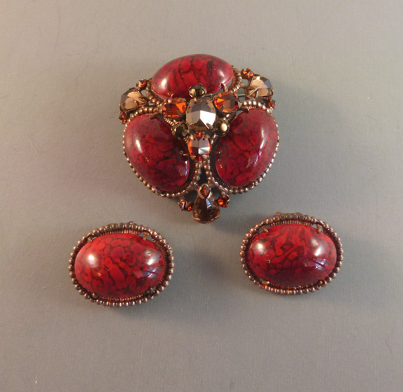 SCHREINER deep red art glass brooch & earrings set in copper