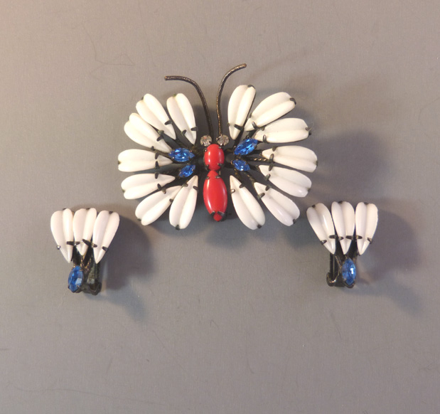 SCHREINER white red & blue butterfly brooch & earrings