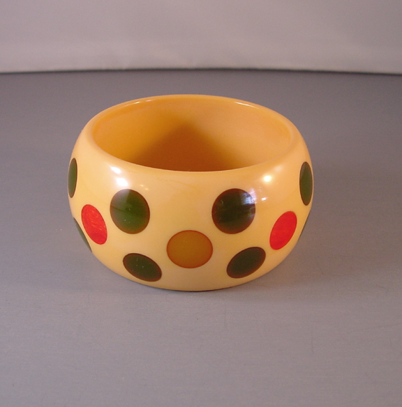 SHULTZ bakelite chunky butterscotch bangle with colored dots