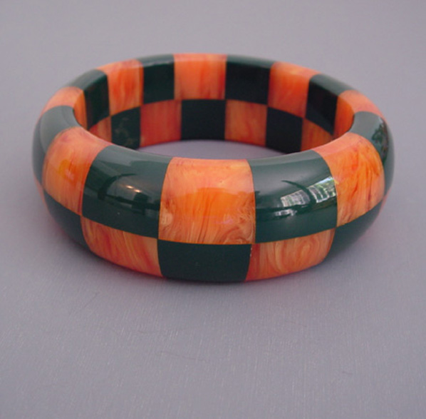 SHULTZ bakelite two row check bangle peach, teal blue