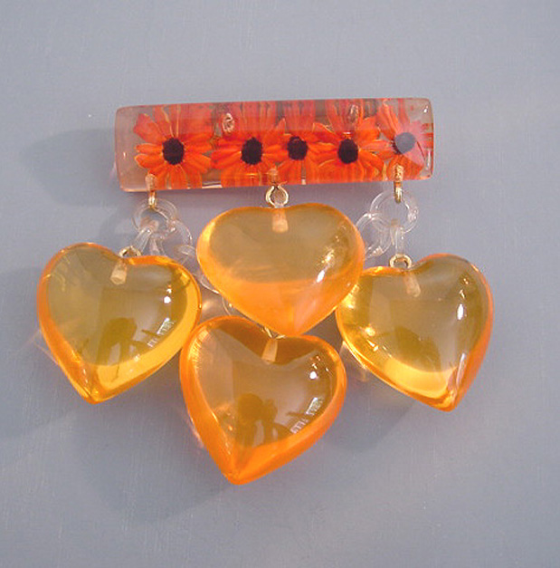 SHULTZ brooch, reverse carved orange flowers, puffy hearts